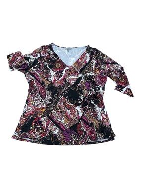 Jessica London Faux Wrap Knit Blouse 22/24 Plus Size Paisley V-Neck 3/4 Sleeve